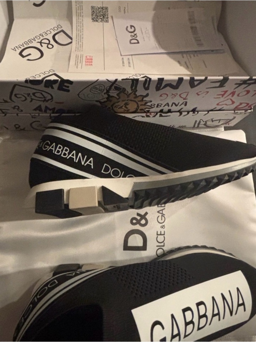 Dolce & Gabbana Black and White Slip-On Logo Knit Sneakers